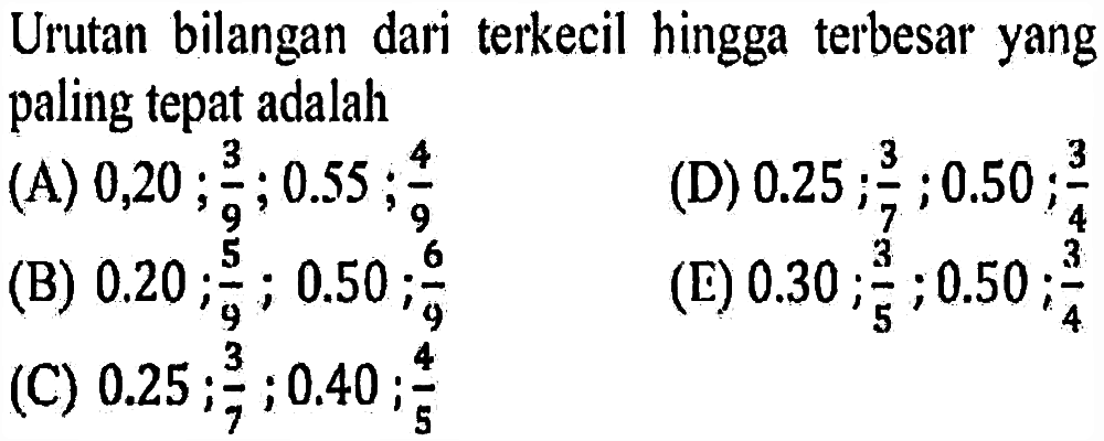 Urutan bilangan dari terkecil hingga terbesar yang paling tepat adalah