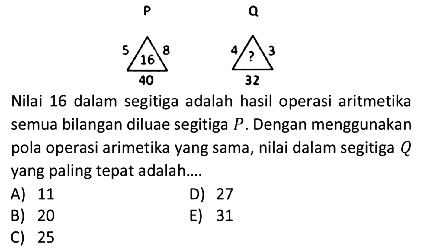 P 5 16 840 Q 4 3 ? 32 Nilai 16 dalam segitiga adalah hasil operasi aritmetika semua bilangan diluar segitiga  P . Dengan menggunakan pola operasi arimetika yang sama, nilai dalam segitiga  Q  yang paling tepat adalah....