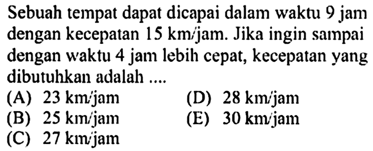 Sebuah tempat dapat dicapai dalam waktu 9 jam dengan kecepatan 15 km/jam. Jika ingin sampai dengan waktu 4 jam lebih cepat, kecepatan yang dibutuhkan adalah .... 