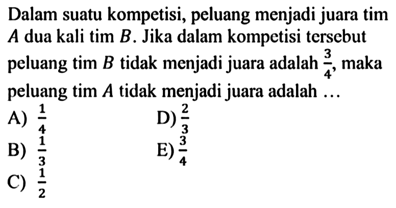 Dalam suatu kompetisi, peluang menjadi juara tim A dua kali tim B. Jika dalam kompetisi tersebut peluang tim B tidak menjadi juara adalah 3/4, maka peluang tim A tidak menjadi juara adalah... 