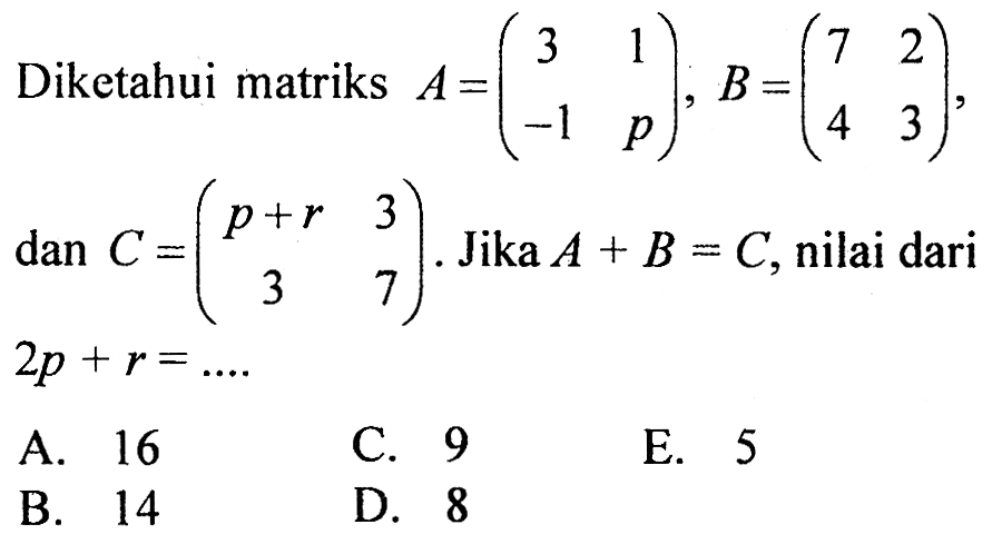 Diketahui matriks A=(3 1 -1 p) B=(7 2 4 3) dan C=(p+r 3 3 7). Jika A+B=C, nilai dari 2p+r=...