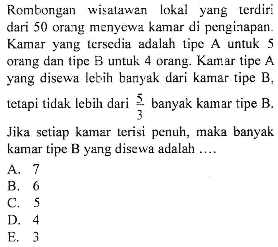 Rombongan wisatawan lokal yang terdiri dari 50 orang menyewa kamar di penginapan. Kamar yang tersedia adalah tipe A untuk 5 orang dan tipe B untuk 4 orang. Kamar tipe A yang disewa lebih banyak dari kamar tipe B, tetapi tidak lebih dari 5/3 banyak kamar tipe B. Jika setiap kamar terisi penuh, maka banyak kamar tipe B yang disewa adalah....