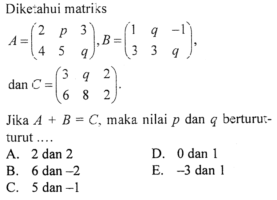 Diketahui matriks A = (2 p 3 4 5 q), B = (1 q -1 3 3 q), dan C = (3 q 2 6 8 2). Jika A+B=C, maka nilai p dan q berturut-turut....