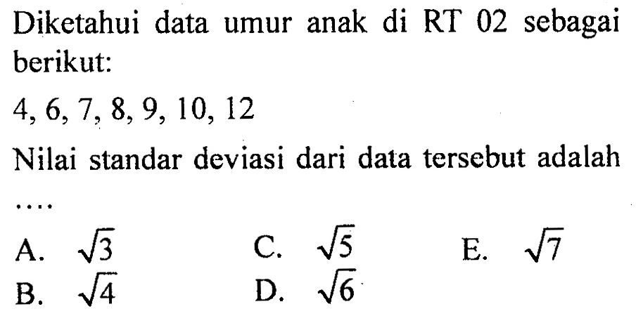 Diketahui data umur anak di RT 02 sebagai berikut: 4, 6, 7, 8, 9, 10, 12 Nilai standar deviasi dari data tersebut adalah ....