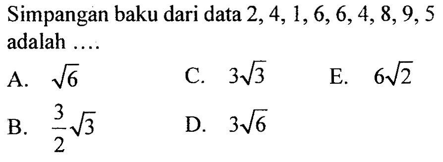 Simpangan baku dari data 2,4,1,6,6,4,8,9,5 adalah....