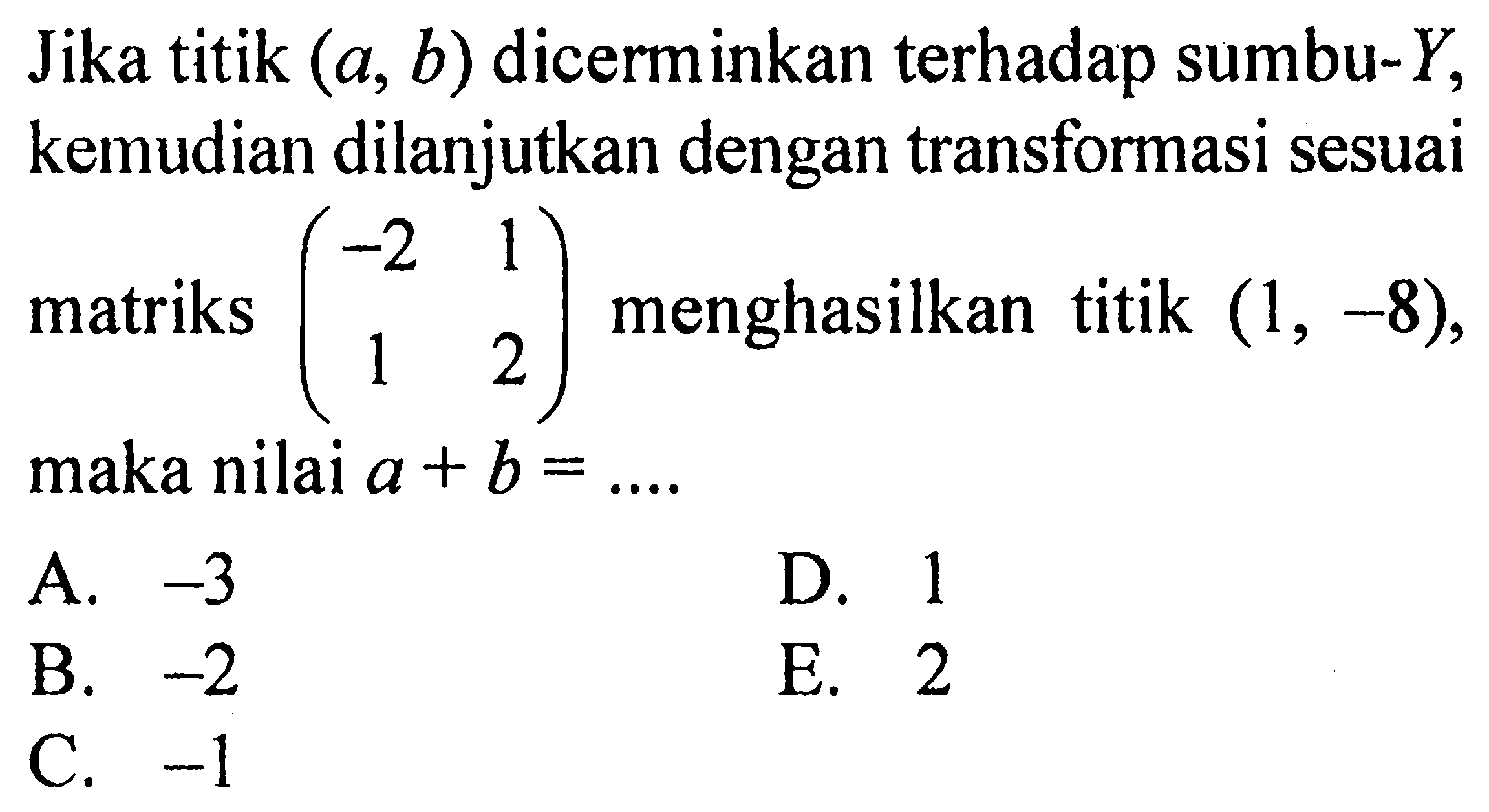 Jika titik (a, b) dicerminkan terhadap sumbu-Y, kemudian dilanjutkan dengan transformasi sesuai matriks (-2 1 1 2) menghasilkan titik (1, -8), maka nilai a+b=...