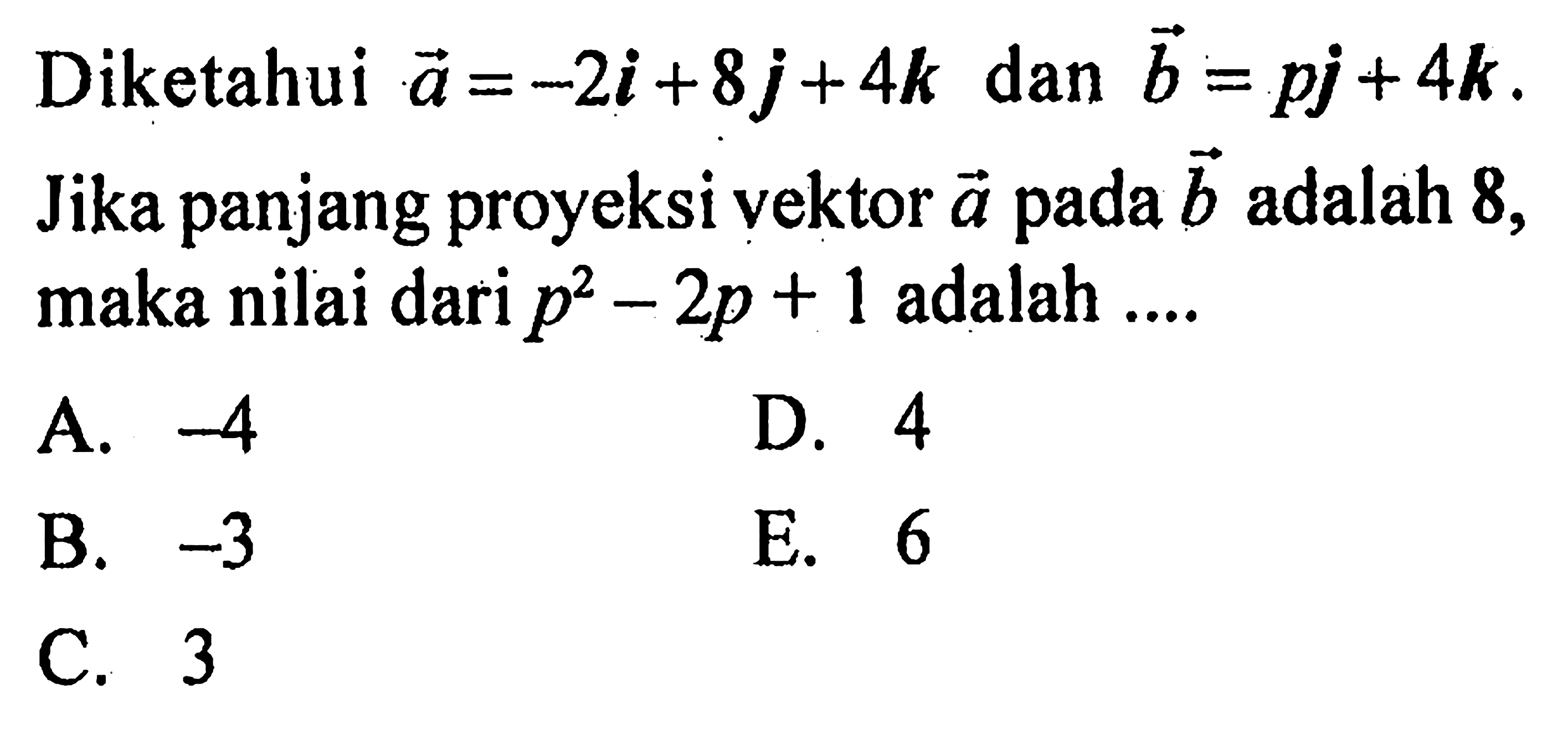 Diketahui a=-2i+8j+4k dan b=pj+4k. Jika panjang proyeksi vektor a pada b adalah 8, maka nilai dari p^2-2p+1 adalah....