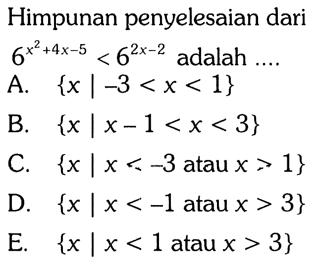 Himpunan penyelesaian dari 6^(x^2+4x-5)<6^(2x-2) adalah ....