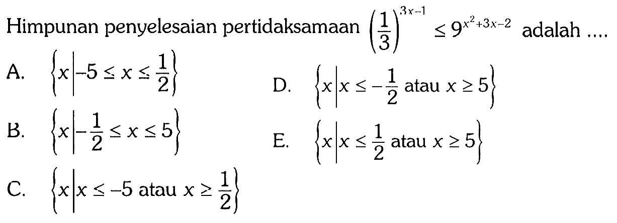 Himpunan penyelesaian pertidaksamaan (1/3)^(3x-1)<=9^(x^2+3x-2) adalah....