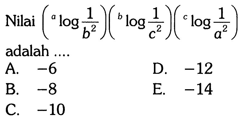 Nilai (a log 1/b^2)(b log 1/c^2)(c log 1/a^2) adalah ...