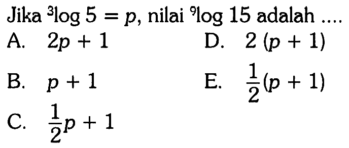 Jika 3log5=p, nilai 9log15 adalah ...