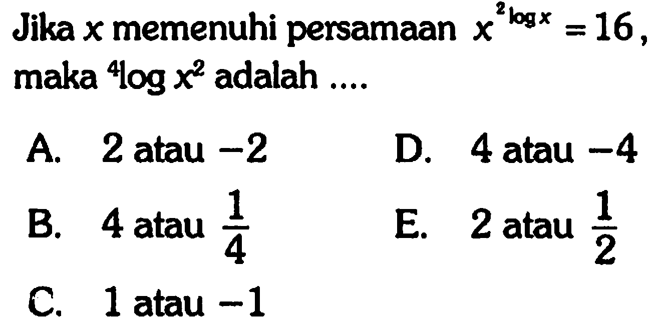 Jika x memenuhi persamaan x^(2 log x)=16, maka 4 log x^2 adalah .... 