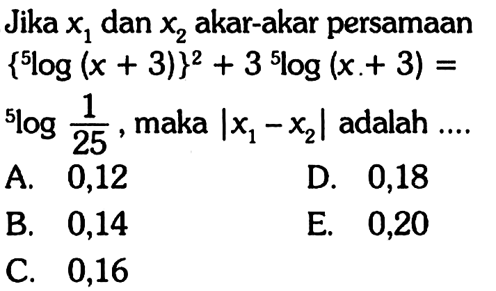 Jika x1 dan x2 akar-akar persamaan {5log(x+3)}^2+3 5log(x+3)=5log 1/25, maka |x1-x2| adalah ....