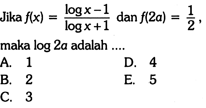 Jika f(x)=(log x-1)/(log x+1) dan f(2a)=1/2, maka log 2a adalah .... 