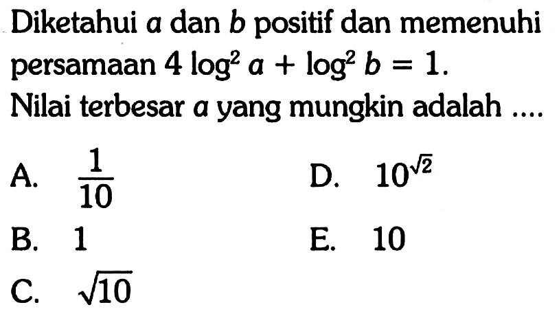 Diketahui a dan b positif dan memenuhi persamaan 4 log^2 a + log^ b = 1. Nilai terbesar a yang mungkin adalah ....