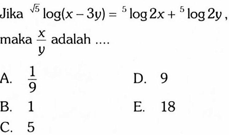 Jika akar(5) log(x - 3y) = 5log2x + 5 log 2y maka x/y adalah