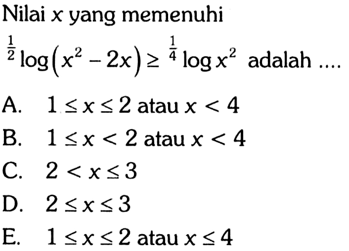 Nilai x yang memenuhi 1/2 log (x^2-2 x)>=1/4 log x^2 adalah .... 