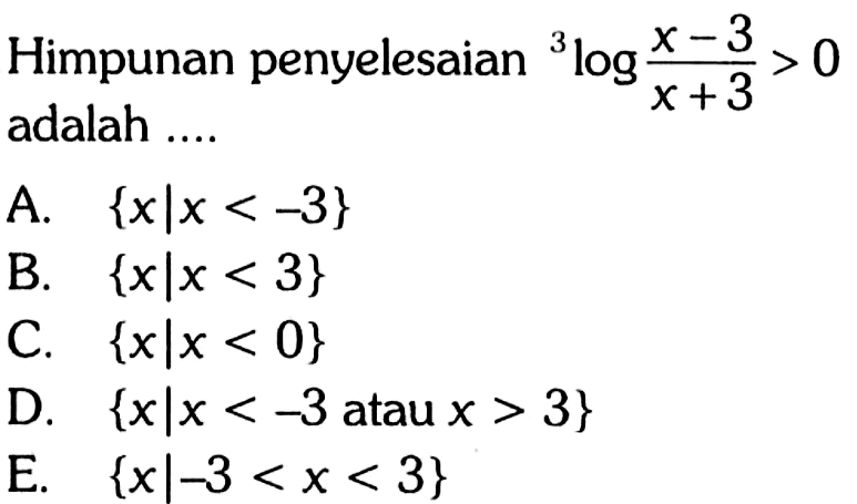 Himpunan penyelesaian 3log((x-3)/(x+3))>0 adalah....