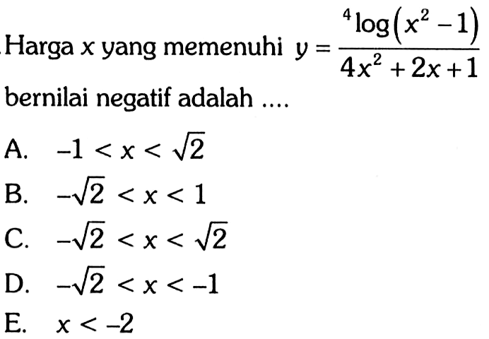 Harga x yang memenuhi y=(4log(x^2-1))/(4x^2+2x+1) bernilai negatif adalah....