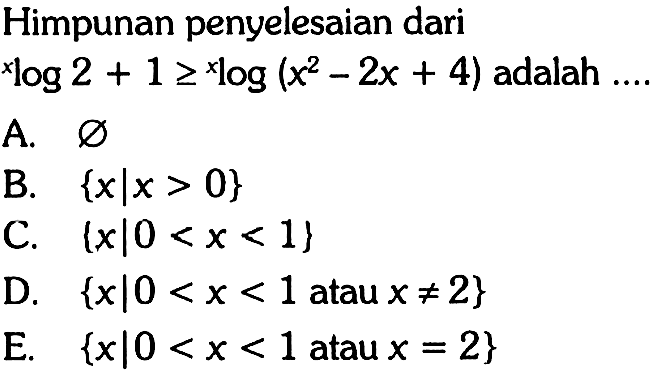 Himpunan penyelesaian dari x log 2+1>=x log (x^2-2x+4)  adalah ....
