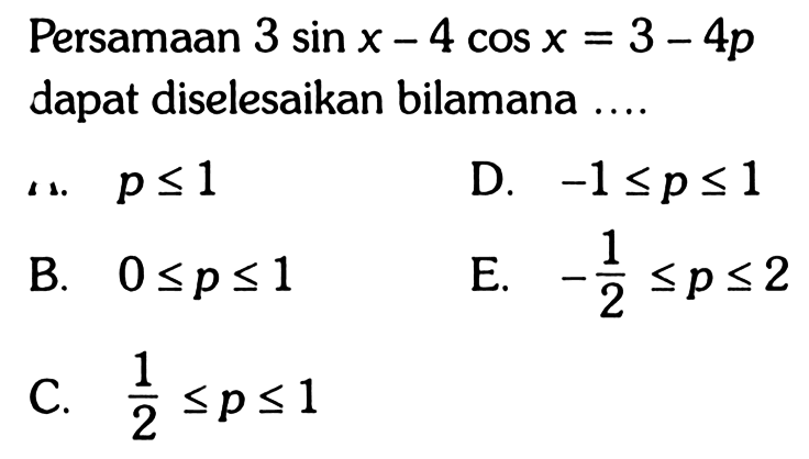 Persamaan 3 sin x - 4 cos x = 3 - 4p dapat diselesaikan bilamana....