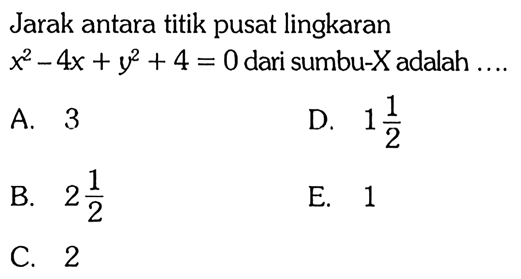 Jarak antara titik pusat lingkaran x^2-4x+y^2+4=0 dari sumbu-X adalah ....
