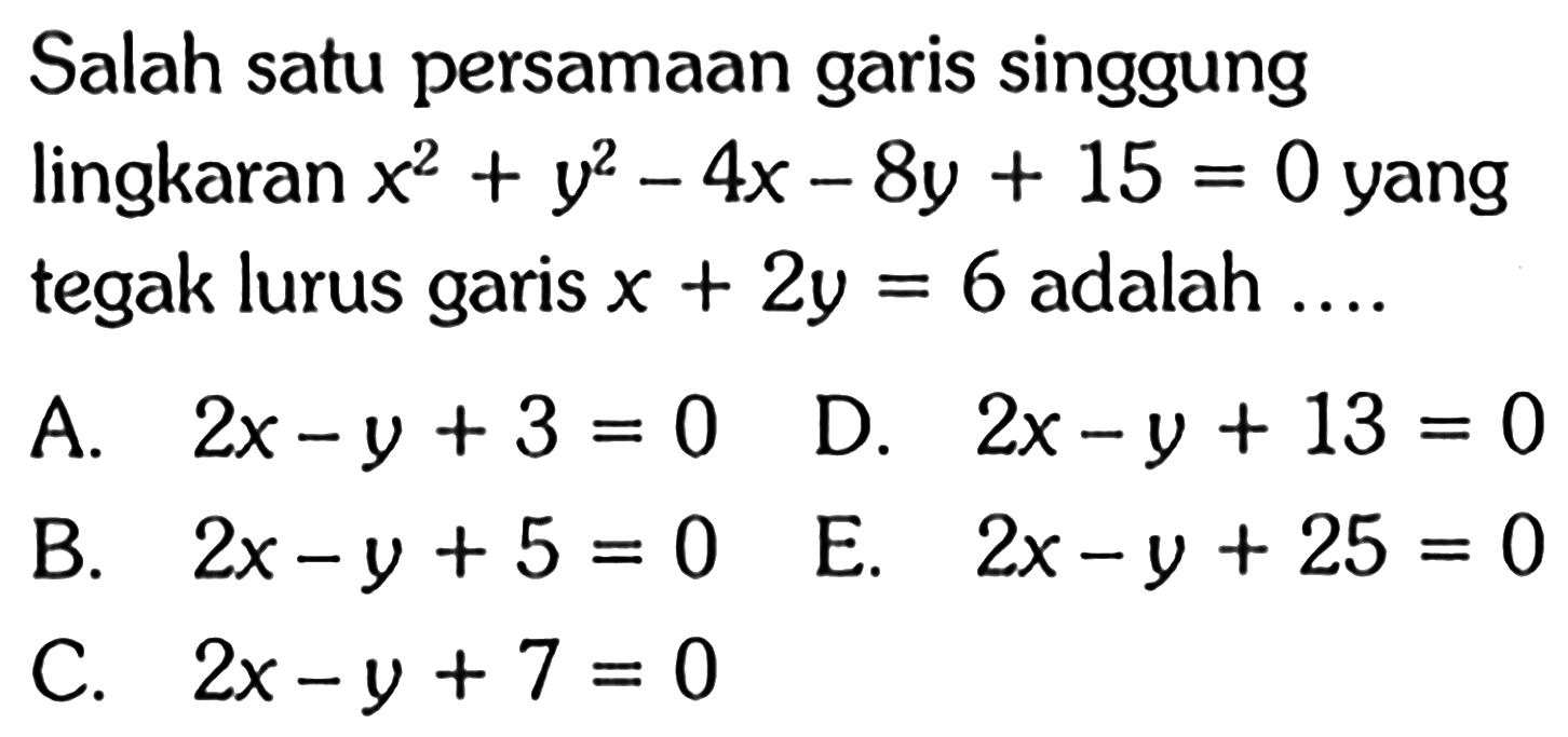Salah satu persamaan garis singgung lingkaran x^2+y^2-4x-8y+15=0 yang tegak lurus garis x+2y=6 adalah ....