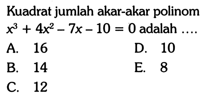 Kuadrat jumlah akar-akar polinom x^3+4x^2-7x-10=0 adalah ....