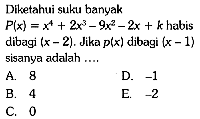 Diketahui suku banyak P(x) = x^4+2x^3-9x^2-2x+k habis dibagi (x-2) . Jika p(x) dibagi (x-1) sisanya adalah....