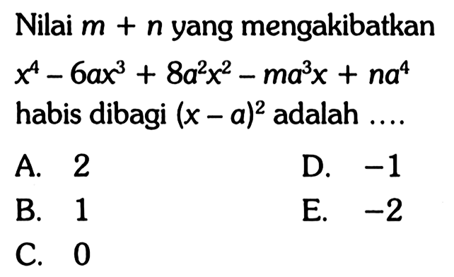 Nilai m yang mengakibatkan x^4-6ax^3+8a^2 x^2-ma^3 x+na^4 habis dibagi (x-a)^2 adalah....