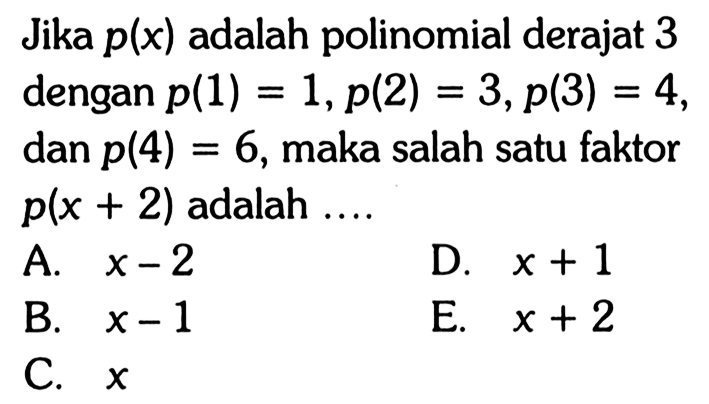 Jika p(x) adalah polinomial derajat 3 dengan p(1)=1, p(2)= 3, p(3)=4, dan p(4)=6, maka salah satu faktor p(x+2) adalah....