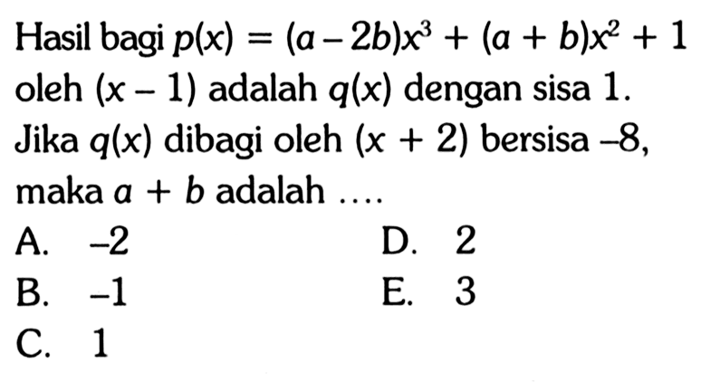 Hasil bagi p(x)=(a-2b)x^3+(a + b)x^2+1 oleh (x-1) adalah q(x) dengan sisa 1. Jika q(x) dibagi oleh (x+2) bersisa -8, maka a+b adalah ....