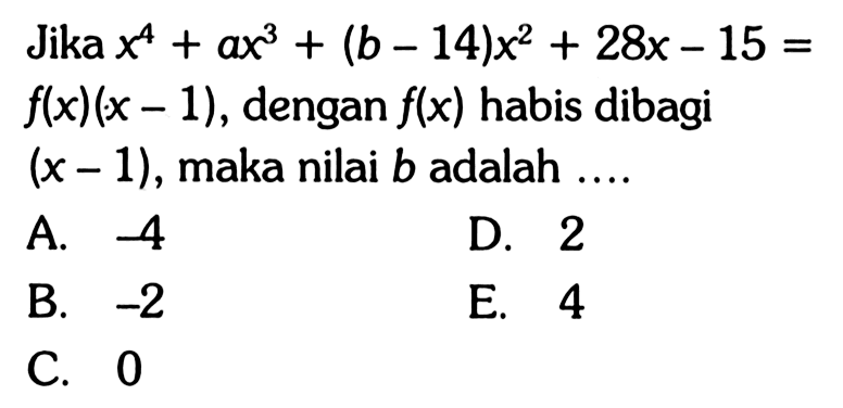 Jika x^4+ax^3+(b-14)x^2+28x-15=f(x)(x-1), dengan f(x) habis dibagi (x-1), maka nilai b adalah .....