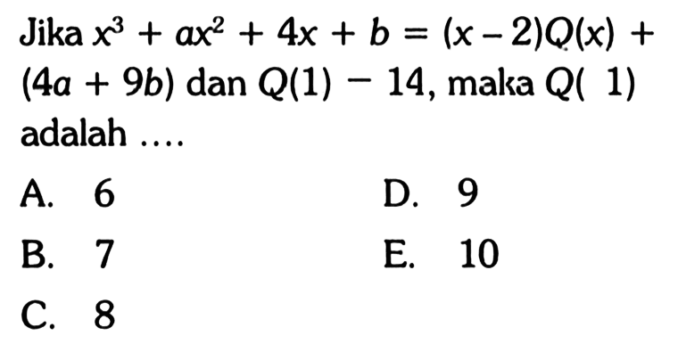 Jika x^3+ax^2+4x+b = (x-2)Q(x)+(4a+9b) dan Q(1)-14, maka Q(1) adalah....