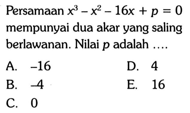 Persamaan x^3-x^2-16x+p=0 mempunyai dua akar yang saling berlawanan. Nilai p adalah....