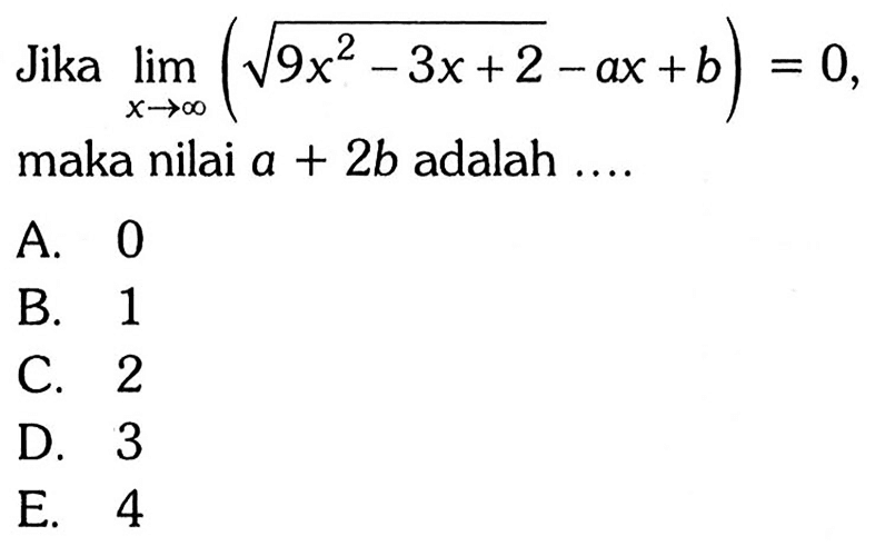 Jika  limit x mendekati tak hingga (akar(9x^2-3x+2)-ax+b)=0, maka nilai a+2b adalah .... 