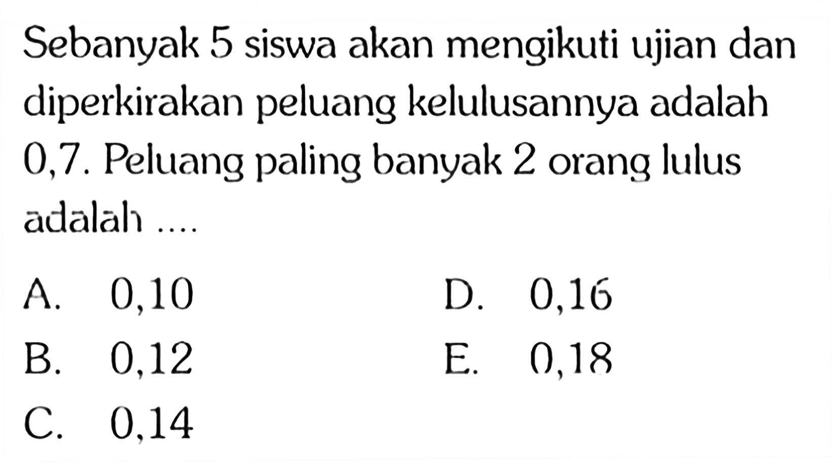 Sebanyak 5 siswa akan mengikuti ujian dan diperkirakan peluang kelulusannya adalah 0,7 . Peluang paling banyak 2 orang lulus adalah