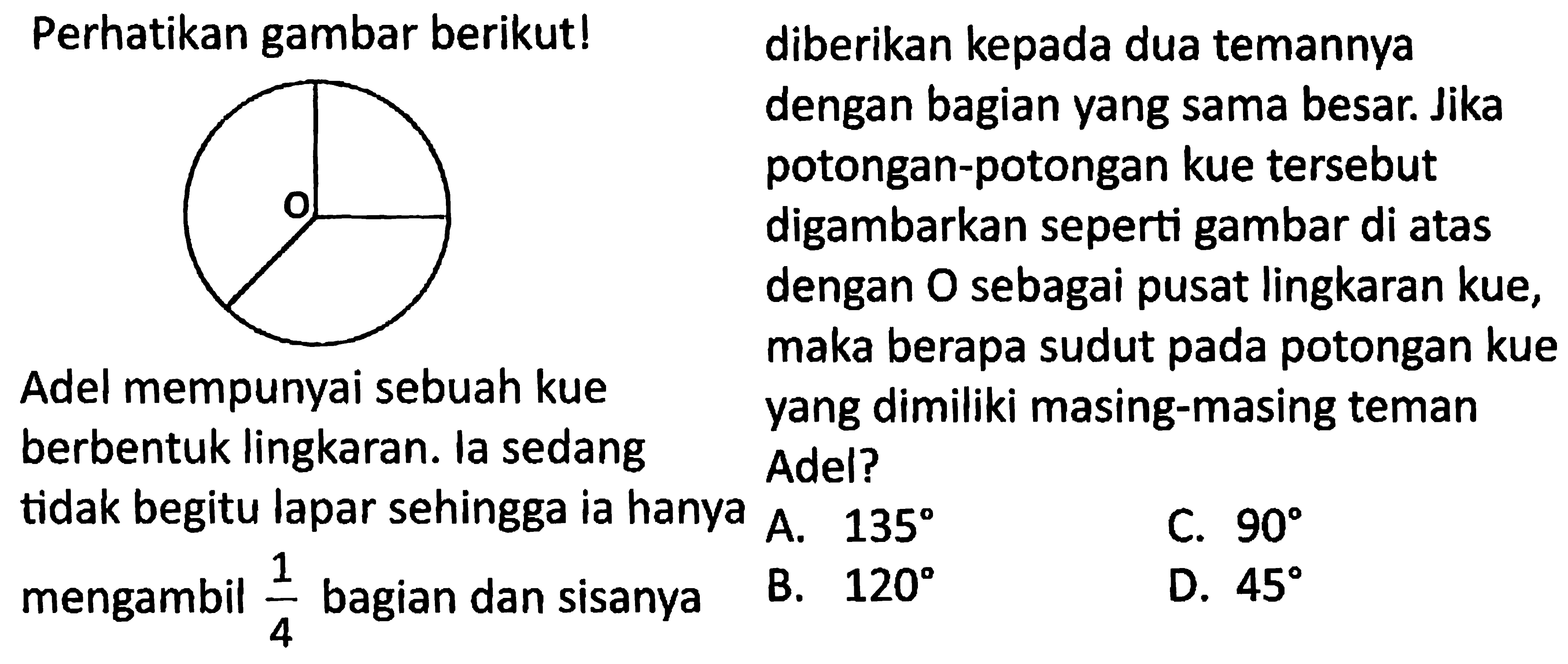 Perhatikan gambar berikut! O 
Adel mempunyai sebuah kue berbentuk lingkaran. Ia sedang tidak begitu lapar sehingga ia hanya mengambil 1/4 bagian dan sisanya diberikan kepada dua temannya dengan bagian yang sama besar. Jika potongan-potongan kue tersebut digambarkan seperti gambar di atas dengan O sebagai pusat lingkaran kue, maka berapa sudut pada potongan kue yang dimiliki masing-masing teman Adel?