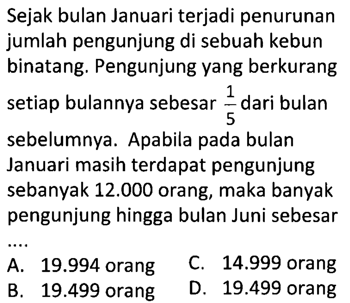 Sejak bulan Januari terjadi penurunan jumlah pengunjung di sebuah kebun binatang. Pengunjung yang berkurang setiap bulannya sebesar 1/5 dari bulan sebelumnya. Apabila pada bulan Januari masih terdapat pengunjung sebanyak 12.000 orang, maka banyak pengunjung hingga bulan Juni sebesar .... 
