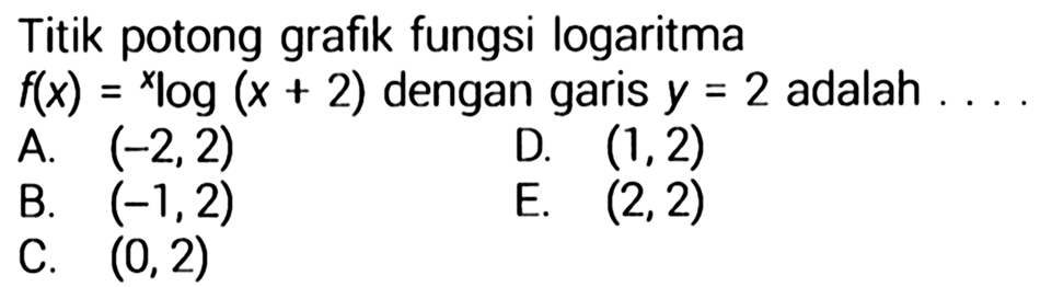 Titik potong grafik fungsi logaritma f(x)= x log (x+2) dengan garis y=2 adalah .... 