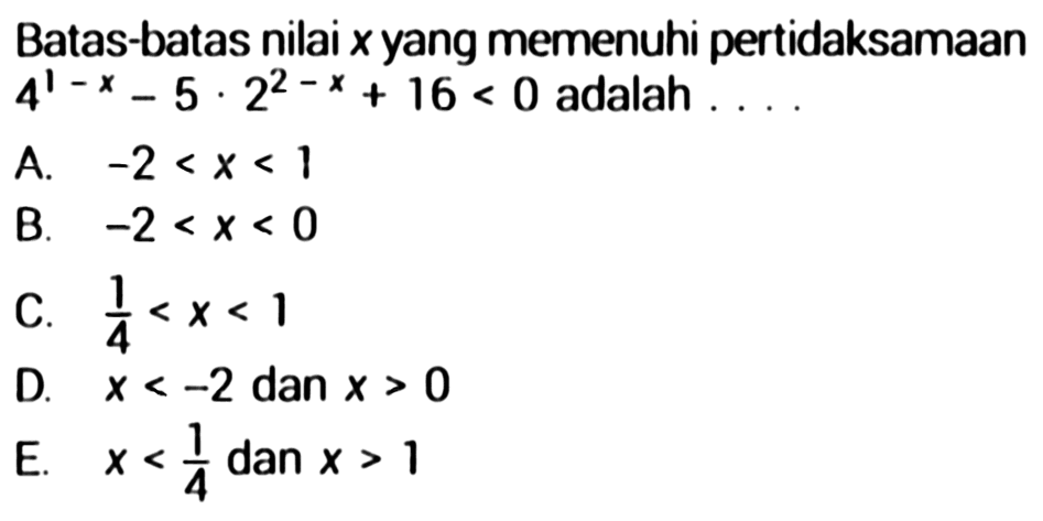 Batas-batas nilai x yang memenuhi pertidaksamaan 4^1-x- 5.2^(2-x) +16<0 adalah .... 