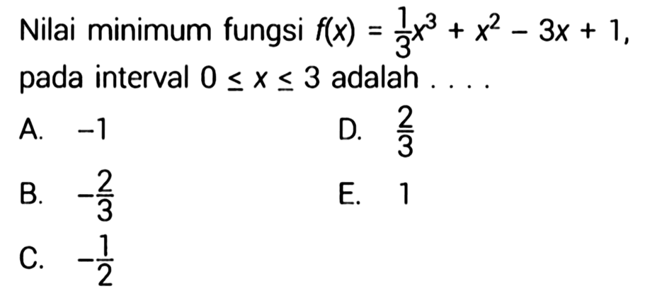 Nilai minimum fungsi f(x)=1/3 x^3+x^2-3x+1, pada interval 0 <=x<=3 adalah .... 