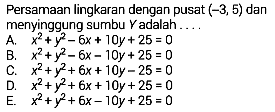 Persamaan lingkaran dengan pusat  (-3, 5)  dan menyinggung sumbu  Y  adalah....