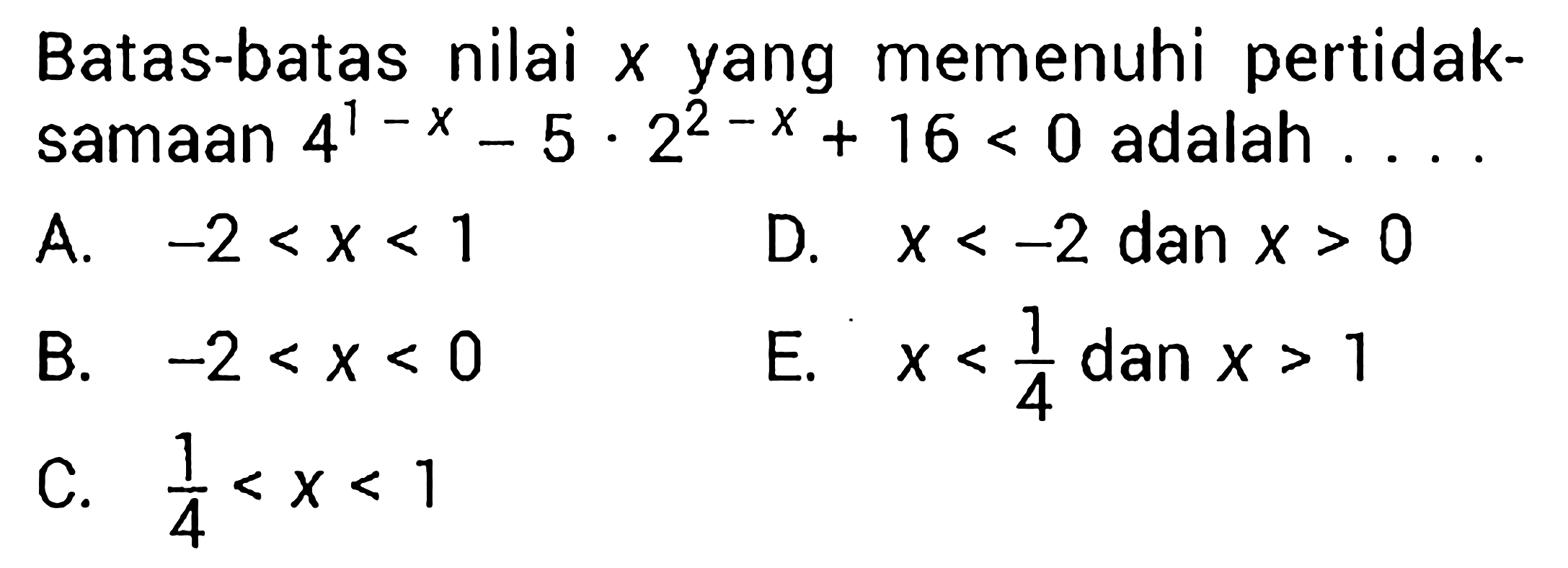 Batas-batas nilai  x  yang memenuhi pertidaksamaan  4^(1-x)-5.2^(2-x)+16<0  adalah  ... .