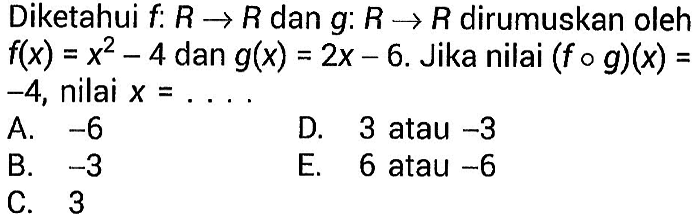 Diketahui f: R->R dan g: R->R dirumuskan oleh f(x)=x^2-4 dan g(x)=2x-6. Jika nilai (fog)(x)= -4, nilai  x=... 
