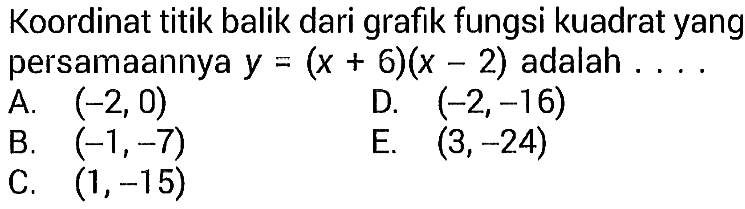 Koordinat titik balik dari grafik fungsi kuadrat yang
persamaannya y=(x+6)(x-2) adalah ....
