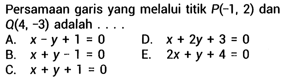 Persamaan garis yang melalui titik P(-1,2) dan a(4,-3) adalah....