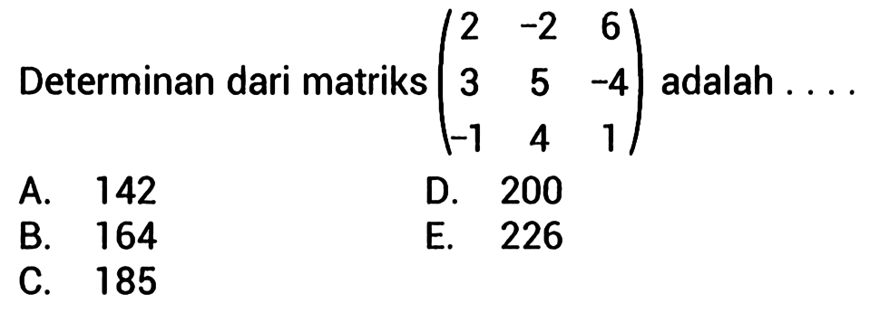 Determinan dari matriks (2 -2 6 3 5 -4 -1 4 1) adalah....