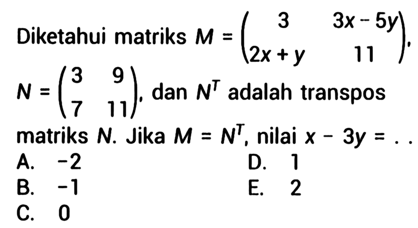 Diketahui matriks M=(3 3x-5y 2x+y 11), N=(3 9 7 11), dan N^T adalah transpos matriks N. Jika M=N^T, nilai x-3y=... 