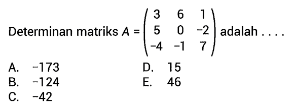 Determinan matriks A=(3 6 1 5 0 -2 -4 -1 7) adalah....